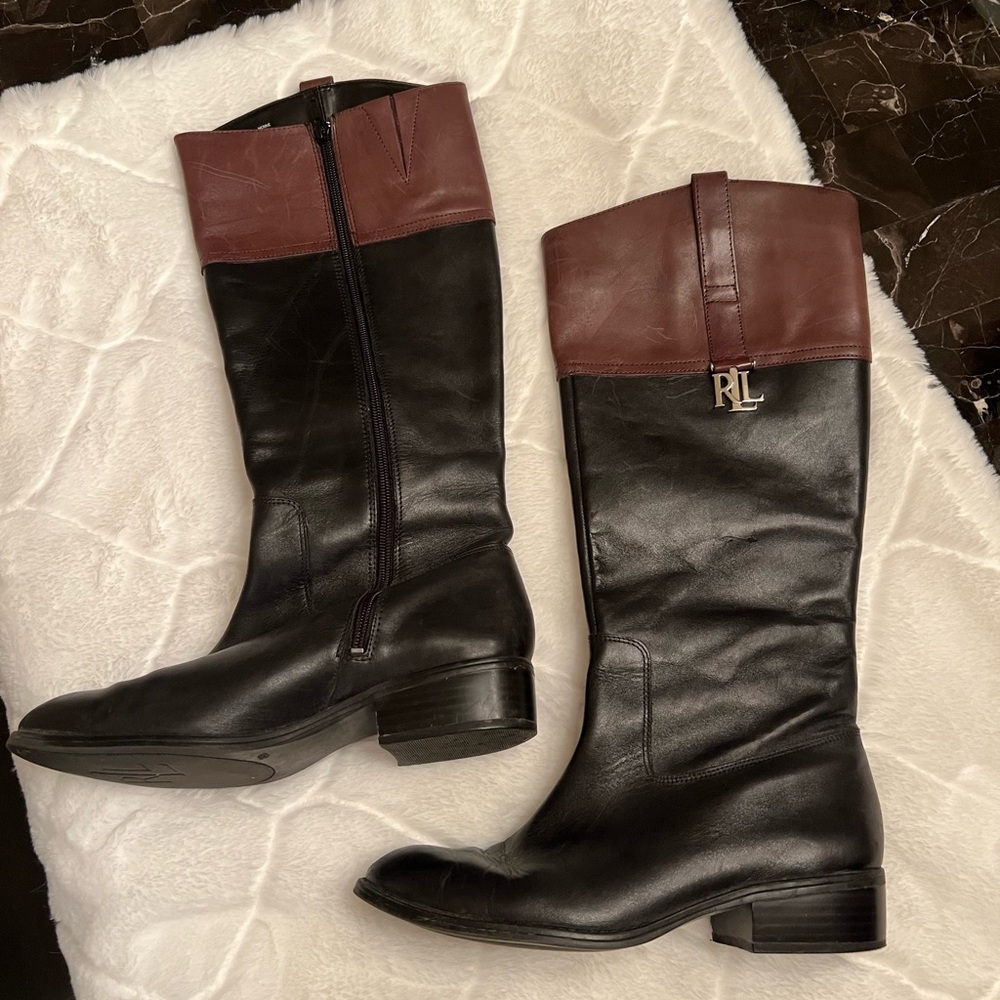 Ralph Lauren Merrie Riding knee high boots. Worn twice. Size 8B. Brown/black.
